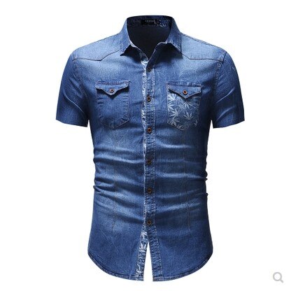 Jeansskjorta för män sommarblå skjorta med dubbla fickor casual smal kortärmad skjorta storlek 3xl: Blå / Xl