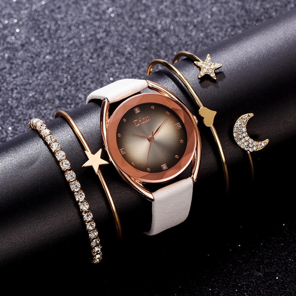 Set leren horlogebanden voor dames, casual dameshorloge met gradiënt wijzerplaat en armbandhorlogeset