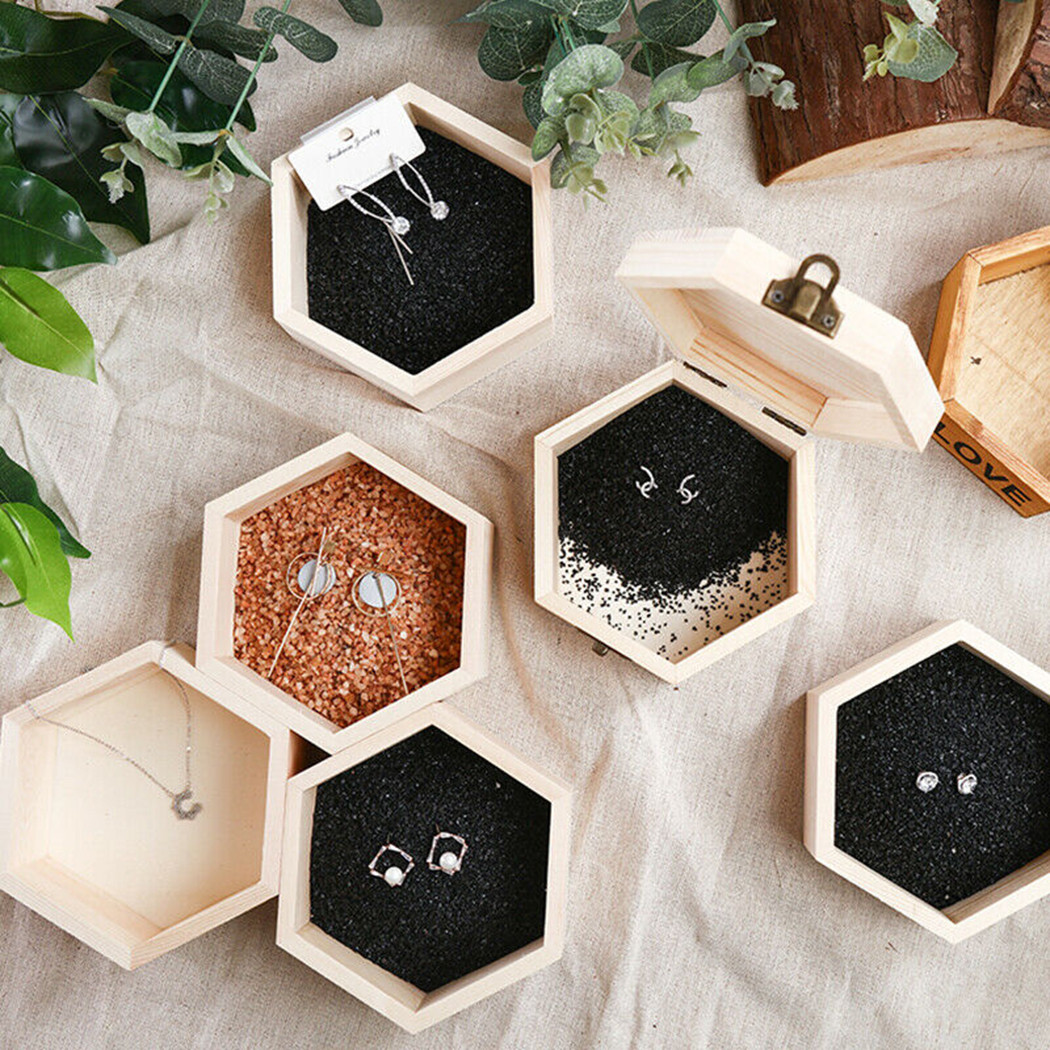 1Pc Hexagonal Wooden Box Storage Box Wooden Hexagonal Shaped 9*8*4cm 12*10.5*6.5cm Jewelry Box Wedding Favors Box Holder