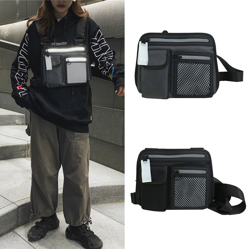 Multifunctionele oxford borsttassen heren dames hiphop streetwear vesten unisex gelaagde rits mesh splitszak