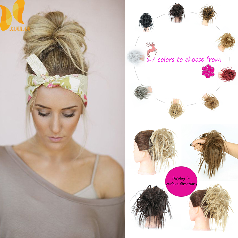 Xinran syntetisk hårstykke rodet knold pjusket hårstykke elastikbånd chignon hår krøllet scrunchie updo cover til kvinder 17 farver
