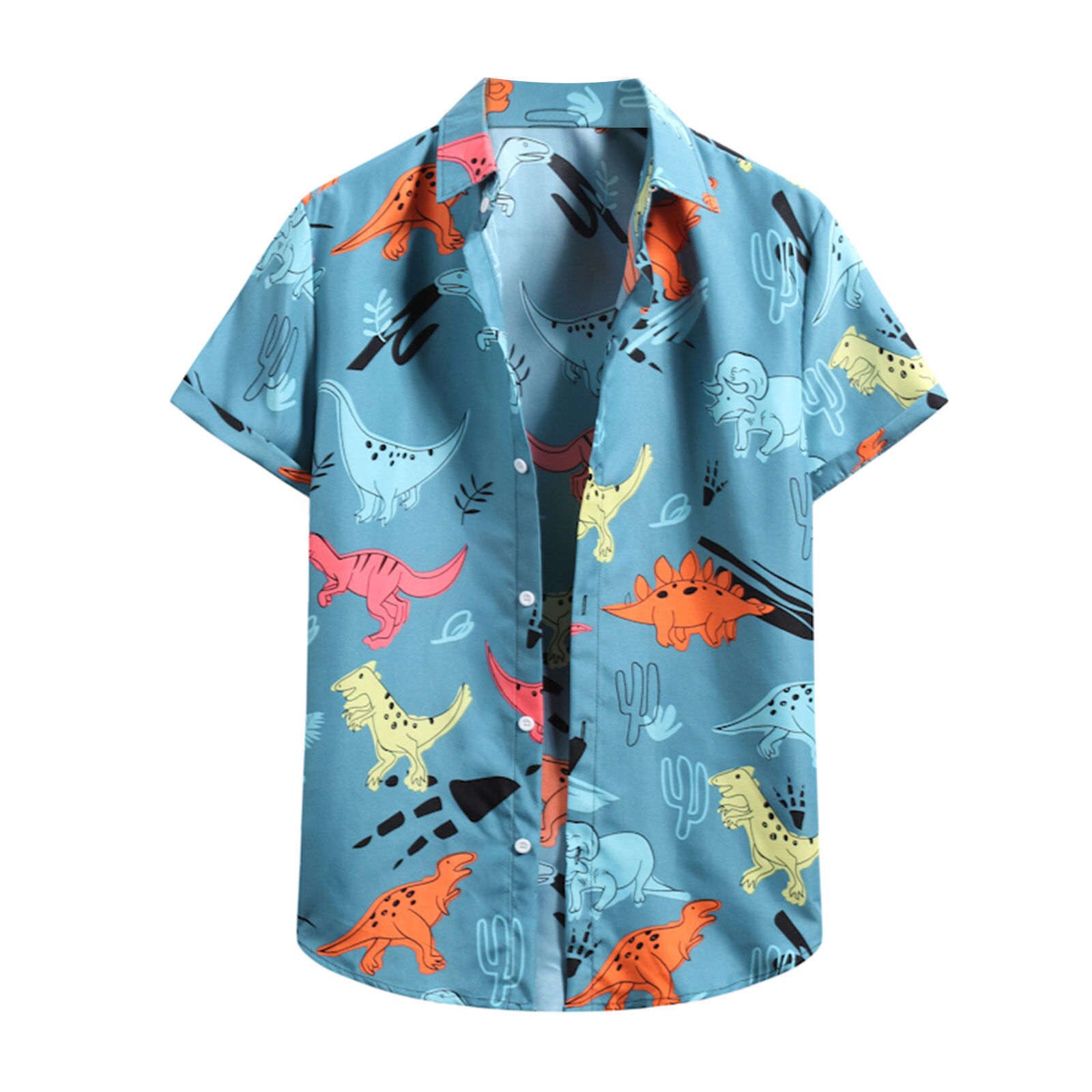 Zomer Bloem Overhemd Cartoon Dinosaurus Afdrukken Hawaiian Shirt Mannen Korte Mouw Streetwear Revers Casual Mannelijke Shirts