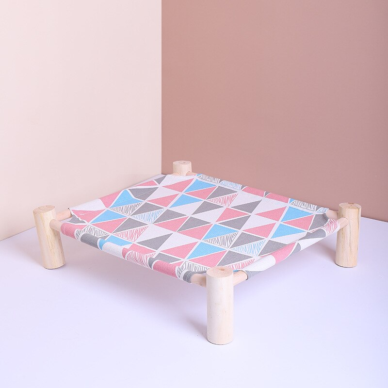 Hamaca de cuatro esquinas de madera maciza para gato, casa de lona, nido para gato, cama extraíble para perro y gato: Pink blue triangle