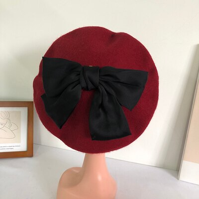 Béret en laine avec nœud papillon pour femme, chapeau avec motif de biscuits, de couleur unie, idéal pour l&#39;automne et l&#39;hiver: 08