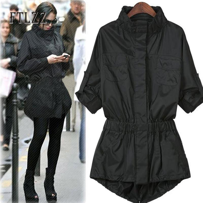 Forår efterår trenchcoat kvinder tynde windbreakers plus size rullekrave sort streetwear overtøj