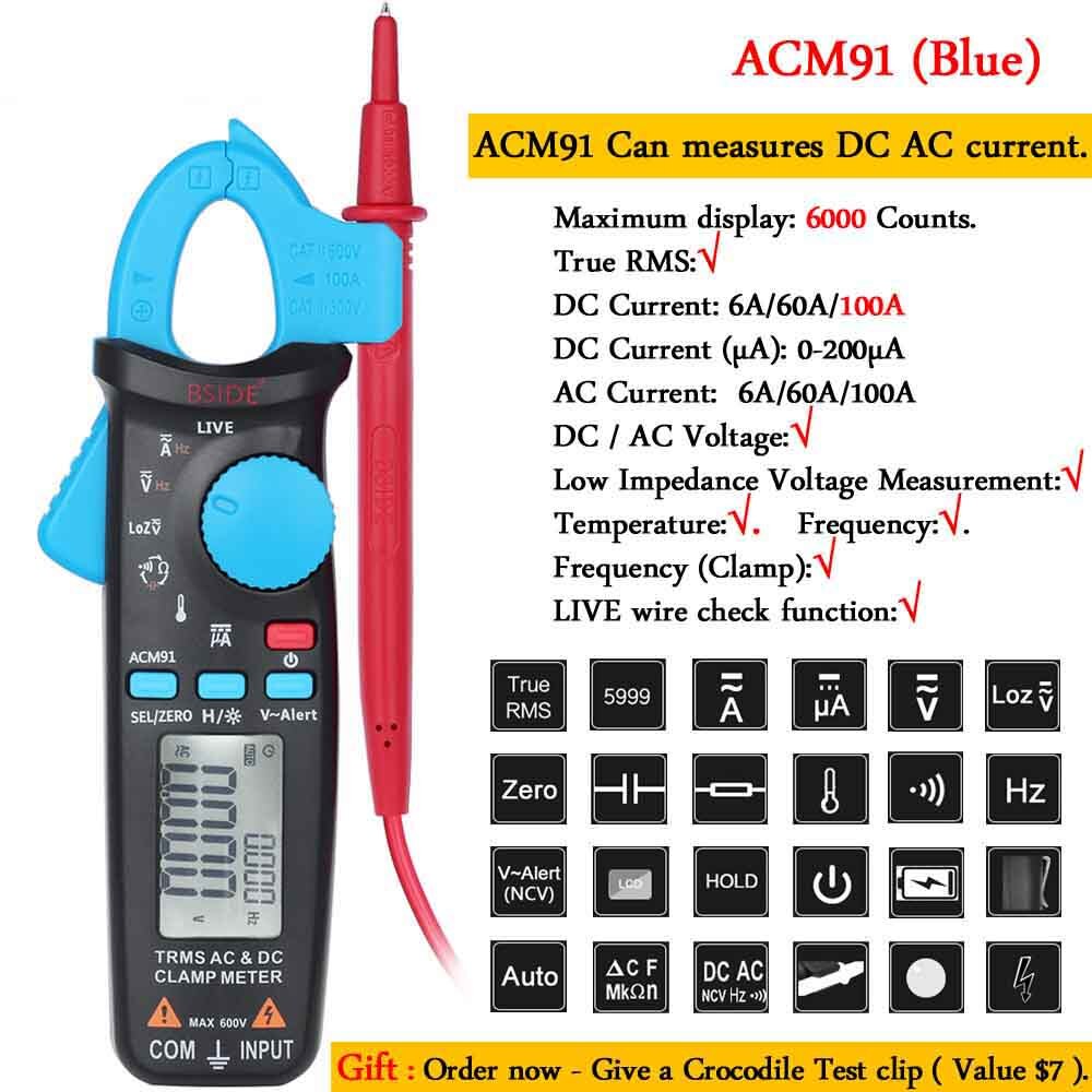 Mini Digital Clamp Meters BSIDE ACM Series True DC AC Current Voltage Ohm Temp Capacitance Hz NCV Tester Ammeter Multimeter: ACM91-blue-Gift