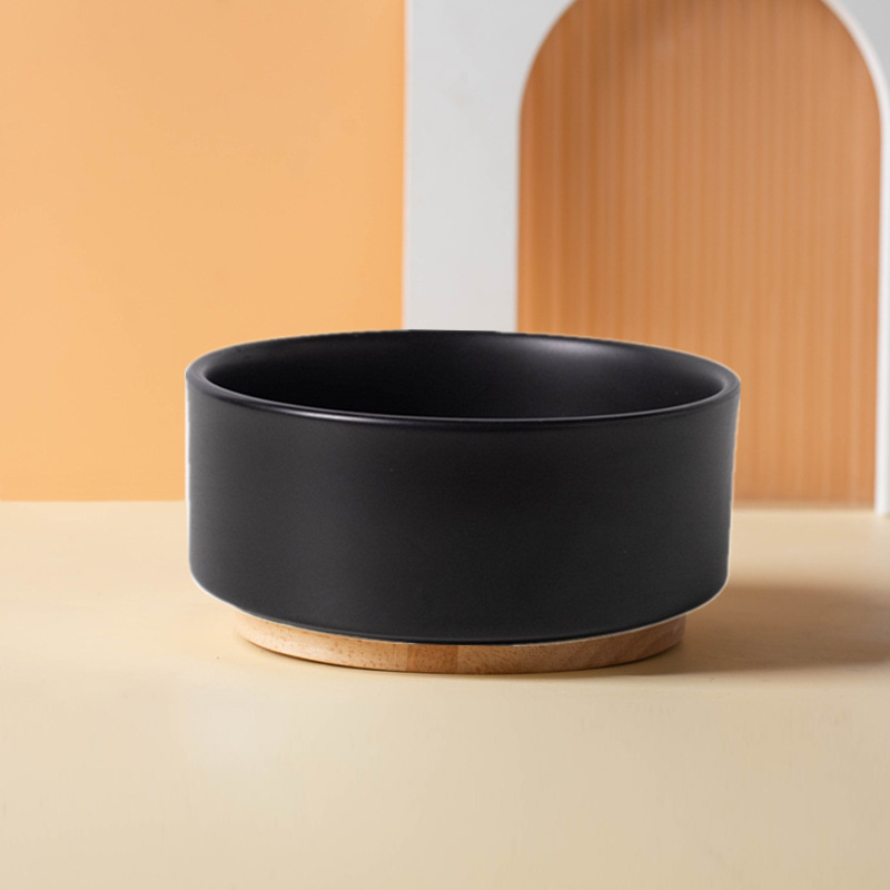Ceramics Dog Bowl with Wood Mat Wide Mouth Feeding Bowls Food and Water Pet Feeder for Cat Puppy Protecting Cervical Spine: M / light yellow