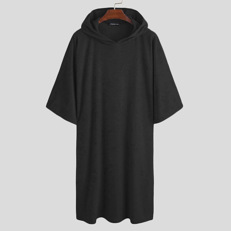 Men Bathrobes Solid Hooded Half Sleeve Leisure Towel Robes Comfortable Homewear Mens Nightgown Bathrobes Poncho INCERUN S-5XL: Black / M