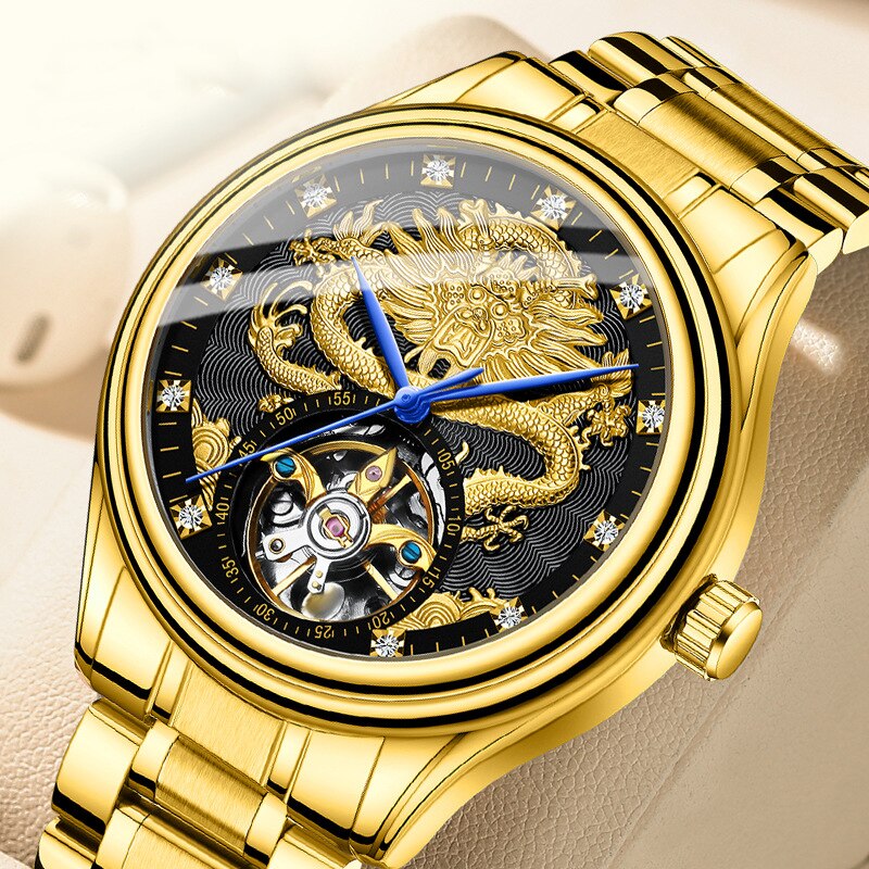 FNGEEN Luxus Männer Automatische Mechanische Uhr Wasserdicht Gold Drachen Uhren Für Männer Edelstahl Tourbillon Relogio Masculino