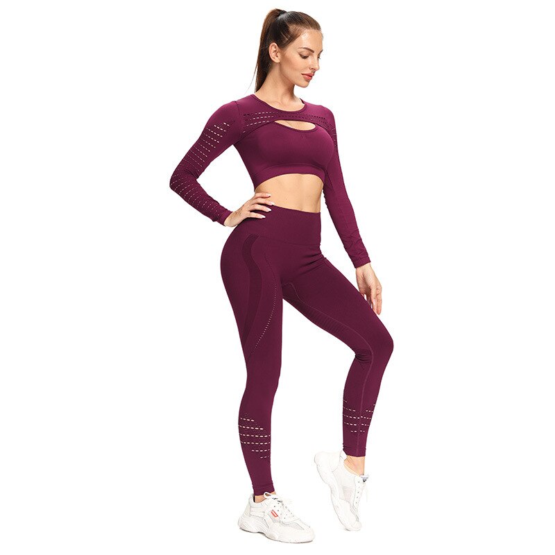 Vrouwen 2Pcs Naadloze Yoga Set Sport Pak Turnkleding Workout Kleding Met Lange Mouwen Gym Crop Top Hoge Taille Leggings Fitness sportkleding