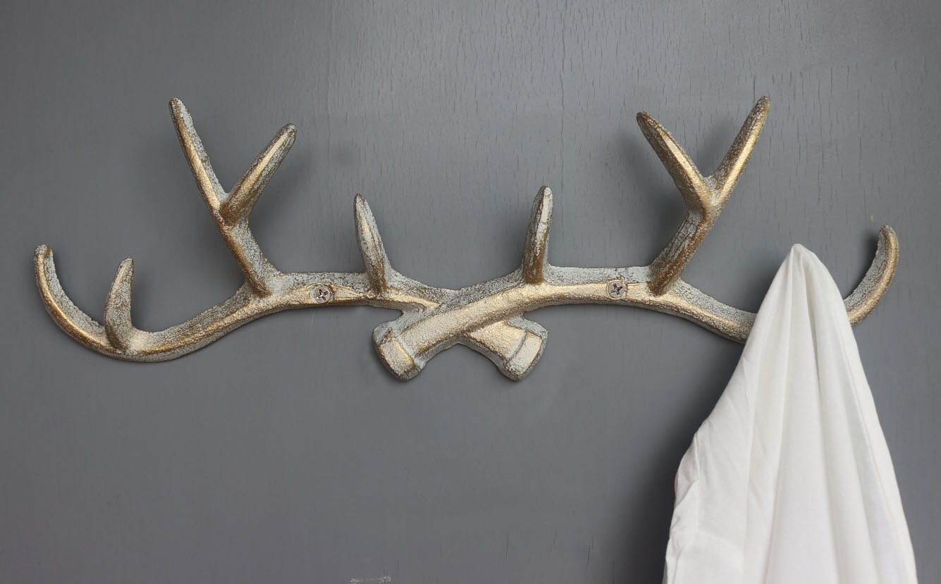 14 tums vintage rustikt gjutjärn rådjur gevir kapphållare nyckelhållare smycken display rack badrum handdukar hängare