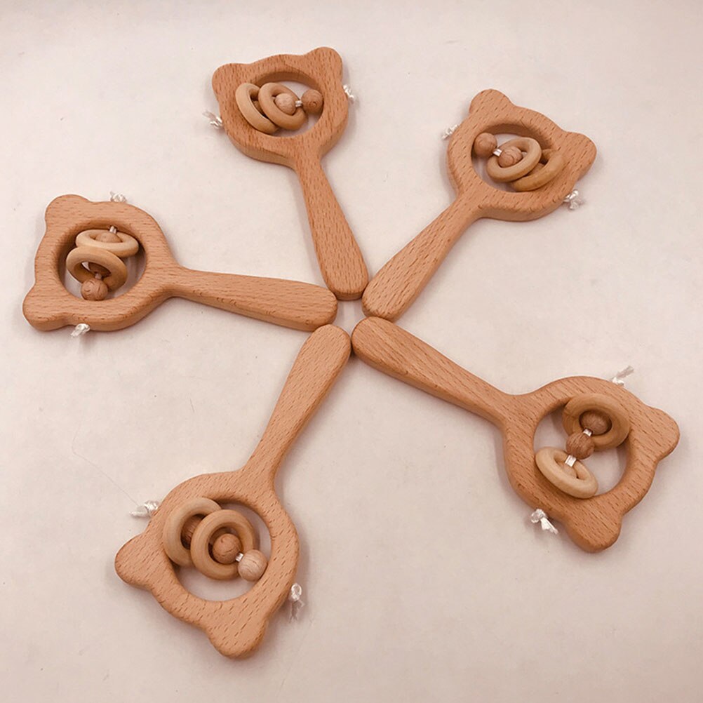 Drewniana grzechotka niedźwiedź bukowy ręcznie ząbkowanie drewniane pierścień grzechotki dla dzieci wczesne zabawki edukacyjne dla dzieci