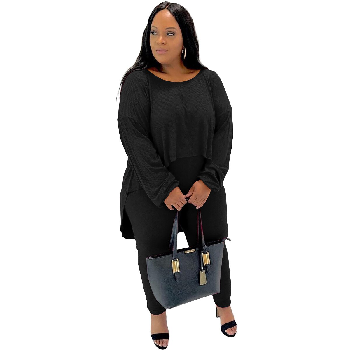 Plus Size Casual Ribbels Loungewear Solid Vrouwen Tweedelige Set Losse Lange Mouwen Ronde Hals Onregelmatige Shirt Bijpassende Pak Pyjama: black / 5XL