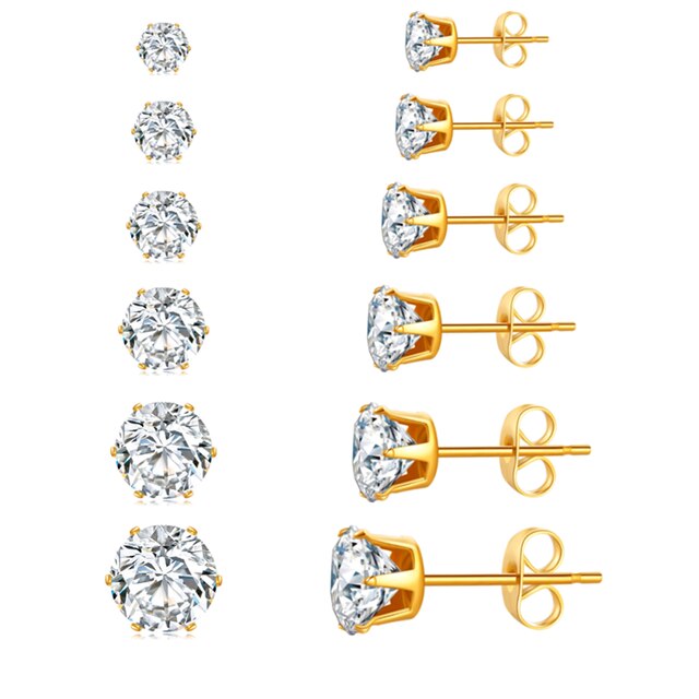 ZMZY-pendientes de broche para boda para hombre y mujer, piedra AAA CZ brillante, accesorios de joyería de cristal, acero inoxidable, 6 pares por paquete: De oro y de color