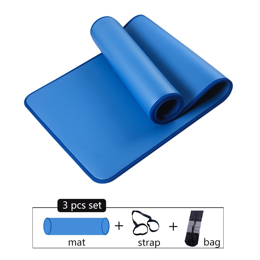 10mm extra tjocka 183 x 61cm halkfria yogamattor för fitness smaklösa pilates gym träningsdynor med bandage/väska: Blå -3 st set