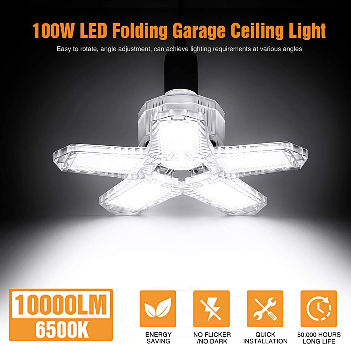 100W 5 Adjustable Panels LED Garage Light E26/E27 Deformable Ceiling Light Warehouse Lighting Bulb For Home Workshop
