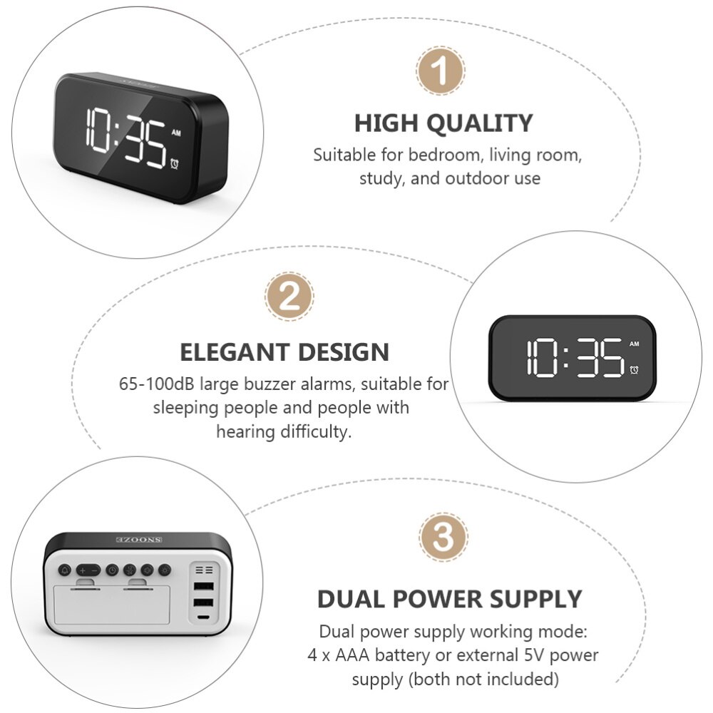LED Digital Alarm Clock Snooze Dimmer Mirror Surface Clock Without Battery
