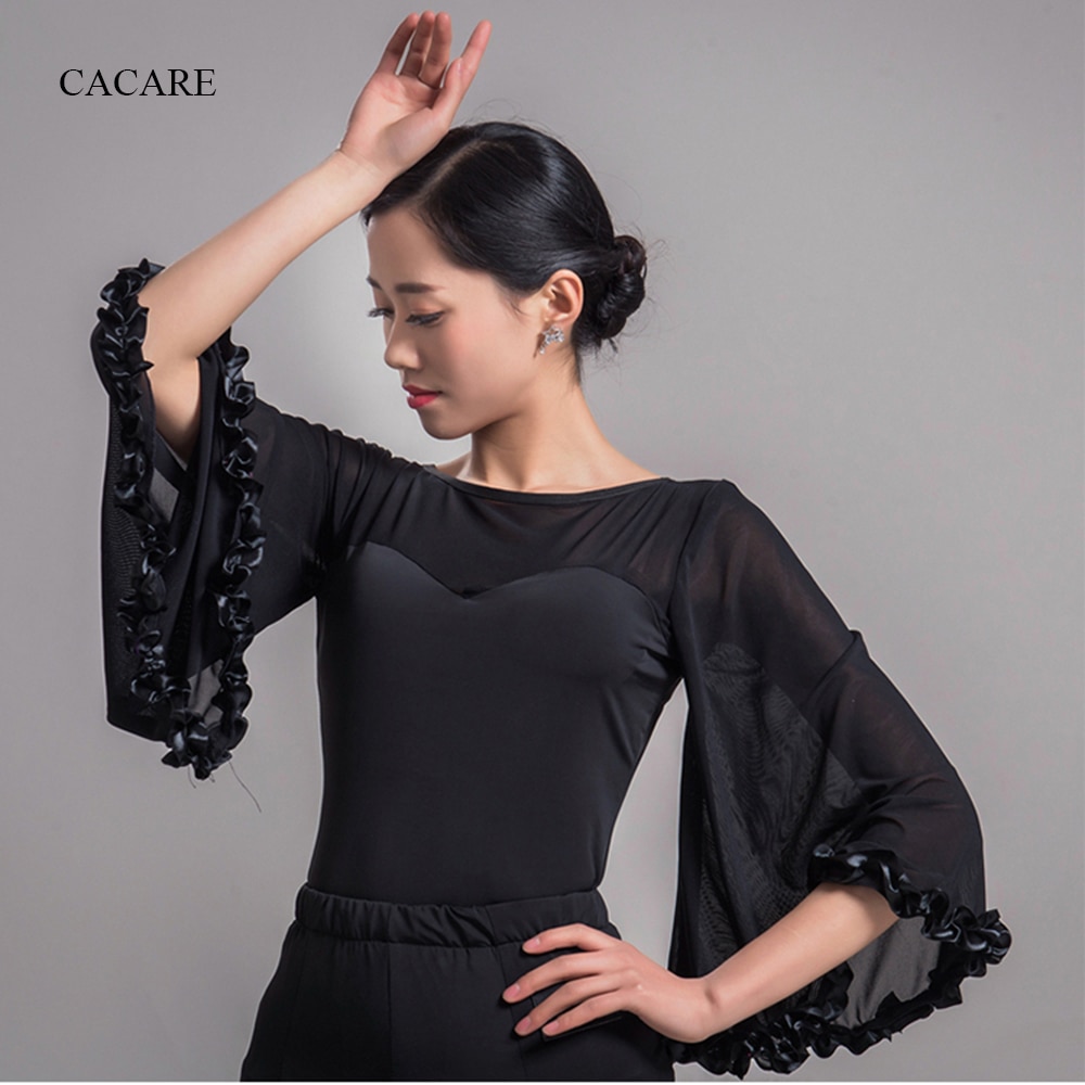 Ballroom Waltz Dresses Top Shirt Dance Competition Dresses Ballroom Dress Standard D0144 Tango Black with Bell Sleeve Ruffles