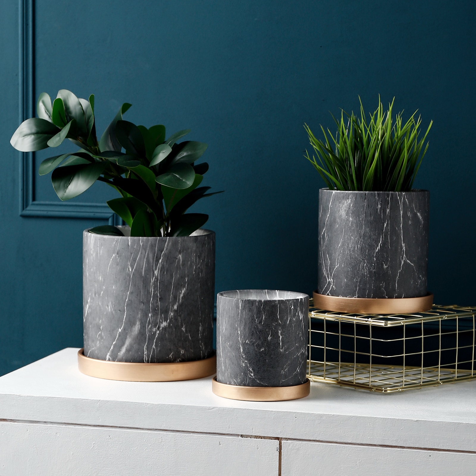 Black Marble Texture Flower Pots Planters Ceramic Vase Garden Pots Pen Holder Dest Top Decor