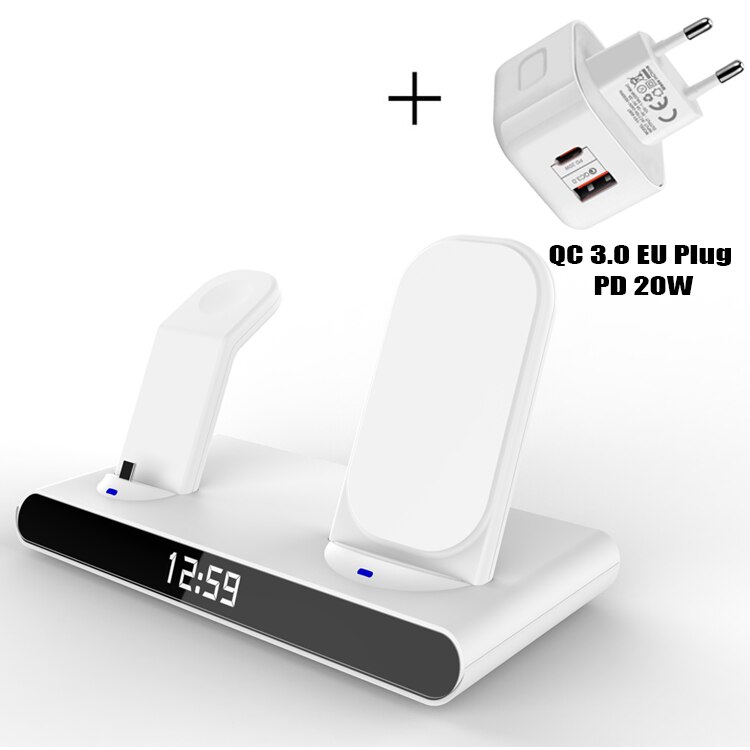 3 in 1 kabellos Ladestation Für iPhone 13 12 11 Profi Max/Apfel Uhr/AirPods LED Digital wecker Drahtlose Ladegerät Stehen: Weiß-EU Stecker(C)