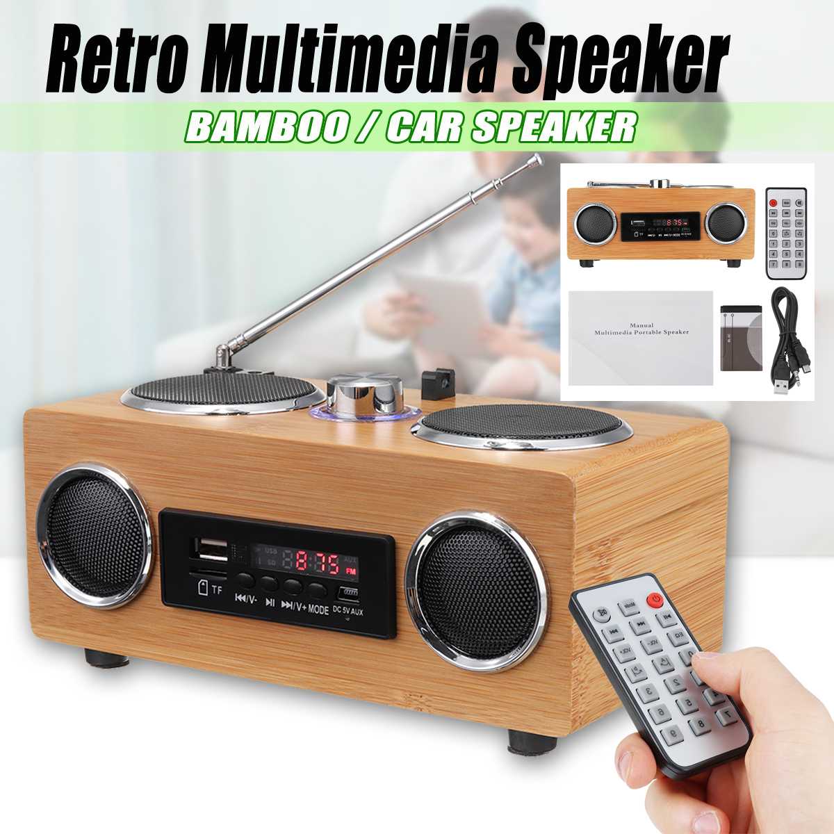 Retro Vintage Radio Super Bass FM Radio Bamboo Multimedia Speaker Classical Receiver USB With MP3 Player Remote Control