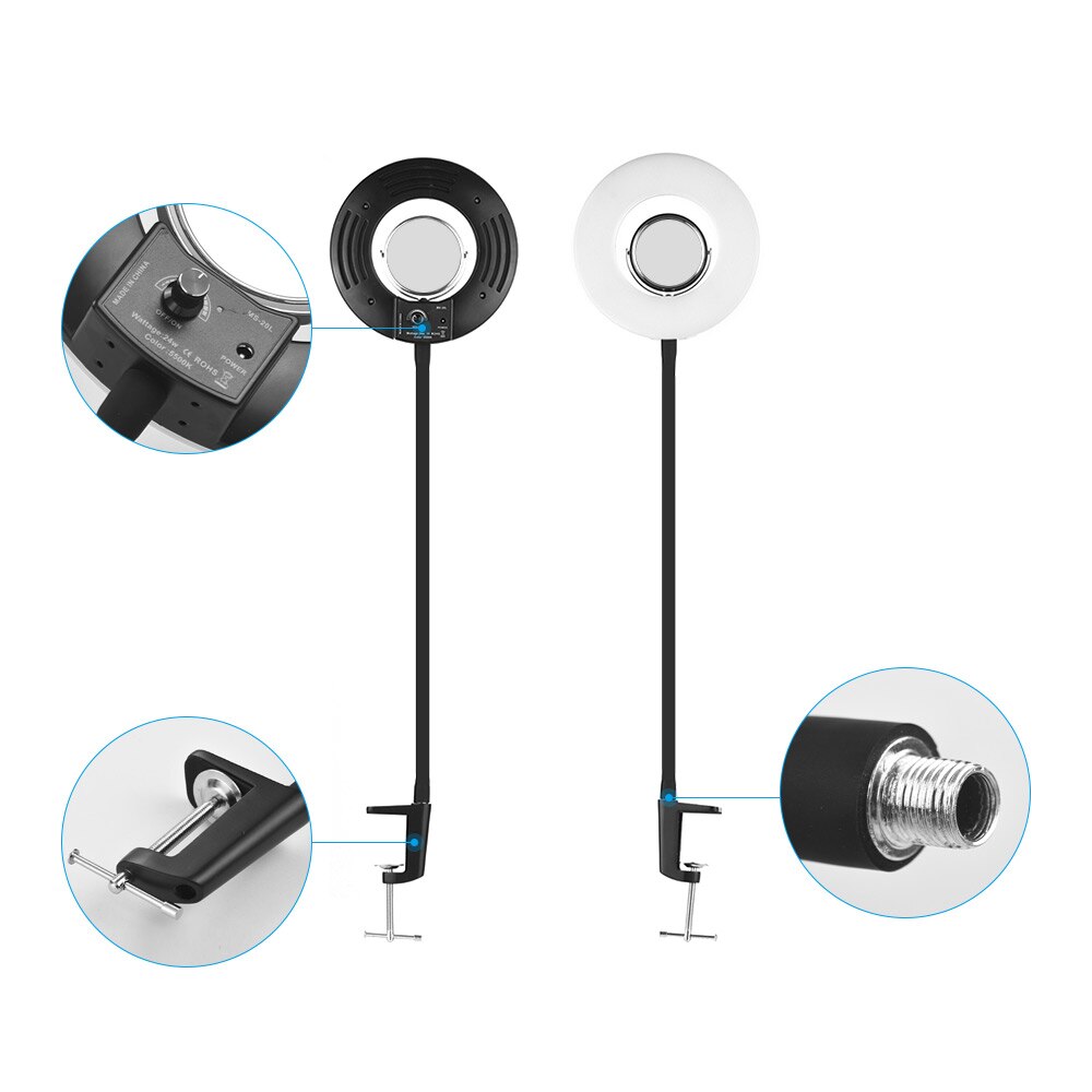 Andoer Tafelblad 8 inch 5500 K LED Vedio Ring Licht 24 W met Make Spiegel Deskclip Buigbare Pole voor Foto Live Video Verlichting