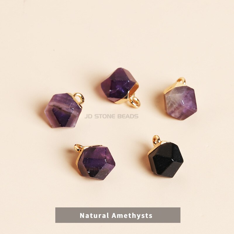 5 teile/paket Natürliche Stein Galvani Gold Rand Runde Anhänger Amethysten Kristall Achat Anhänger Perlen Frauen Mädchen Schmuck: Natural Amethysts