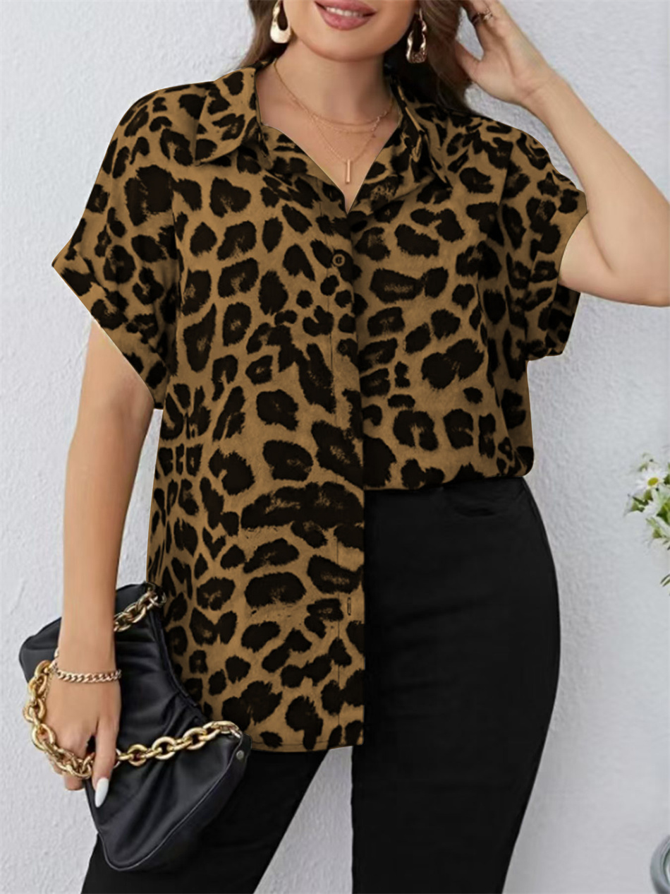 Gibsie plus size kvinder kortærmet skjorte all-match leopardprint top dame løs afslappet strandferie bluser med knapper