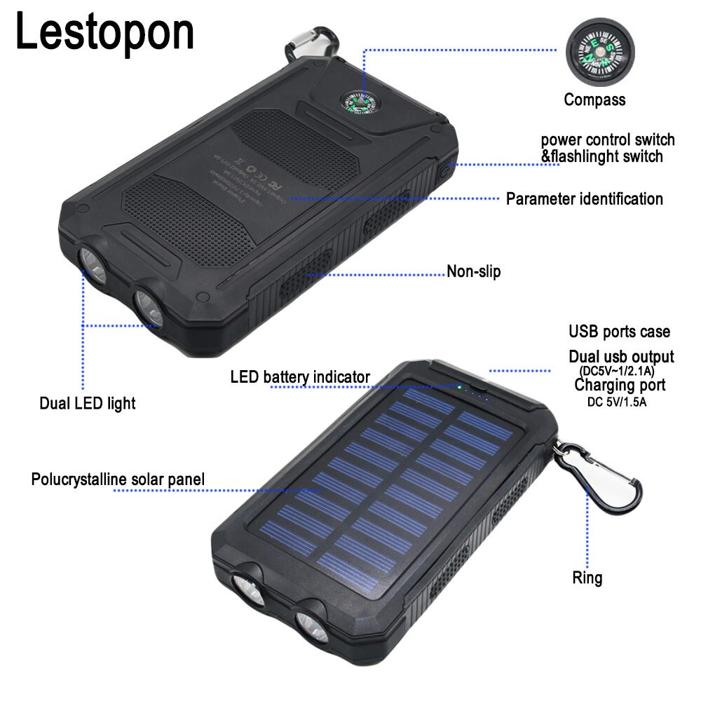 Waterdichte Solar Power Bank Real 20000 Mah Dual Usb Externe Polymer Batterij Oplader Outdoor Licht Lamp Powerbank Ferisi