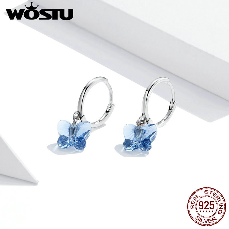 Brincos borboleta poderosa wostu prata 925, brincos originais com cristal azul para mulheres, joia de luxo cqe959