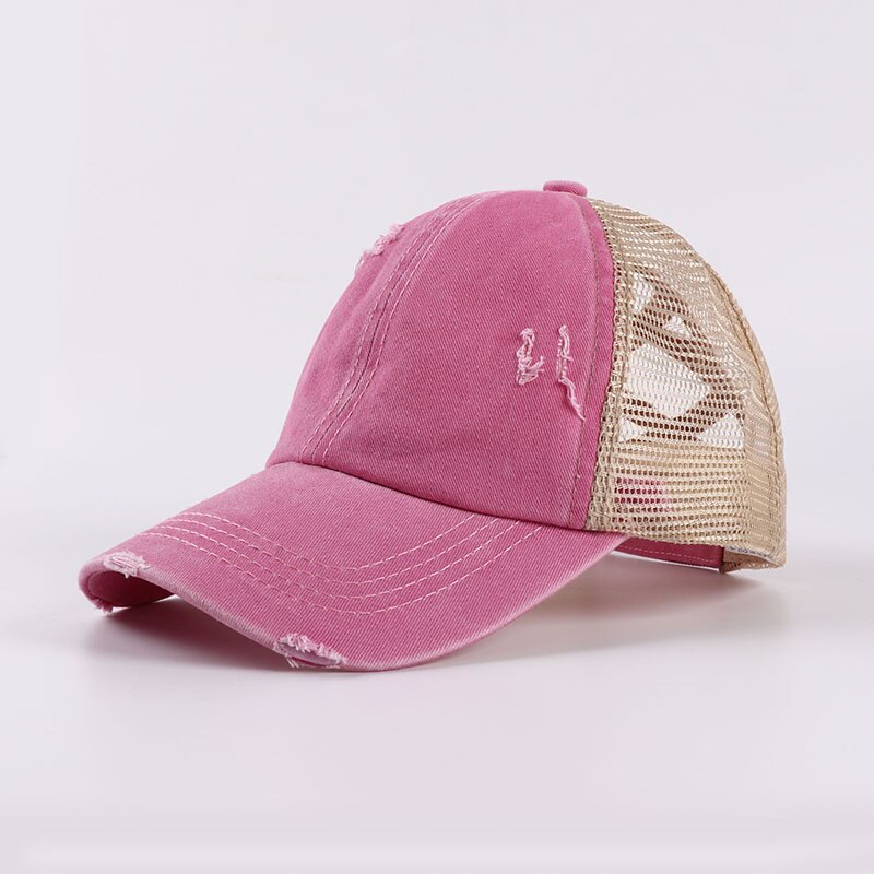 verano entrecruzado Cola de Caballo gorra de béisbol mujeres lavado algodón desordenado moño Pony Tail Hat Snapback malla camionero papá sombreros: Rosa