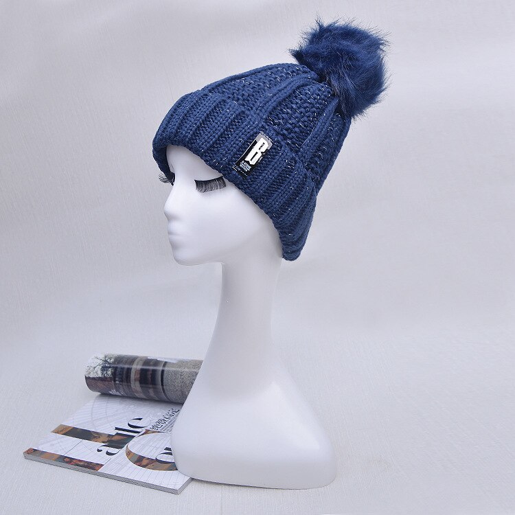 Winter gebreide mutsen dames dikke warme muts skullies muts dames gebreide letter muts mutsen outdoor muts en sjaal: Marine 2