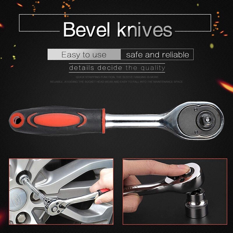 Ratchet Wrench for Socket 24 Teeth Chrome Quick Released Ratchet Handle and Extension Bar (1/4 Inch Wrench 155mm Length)