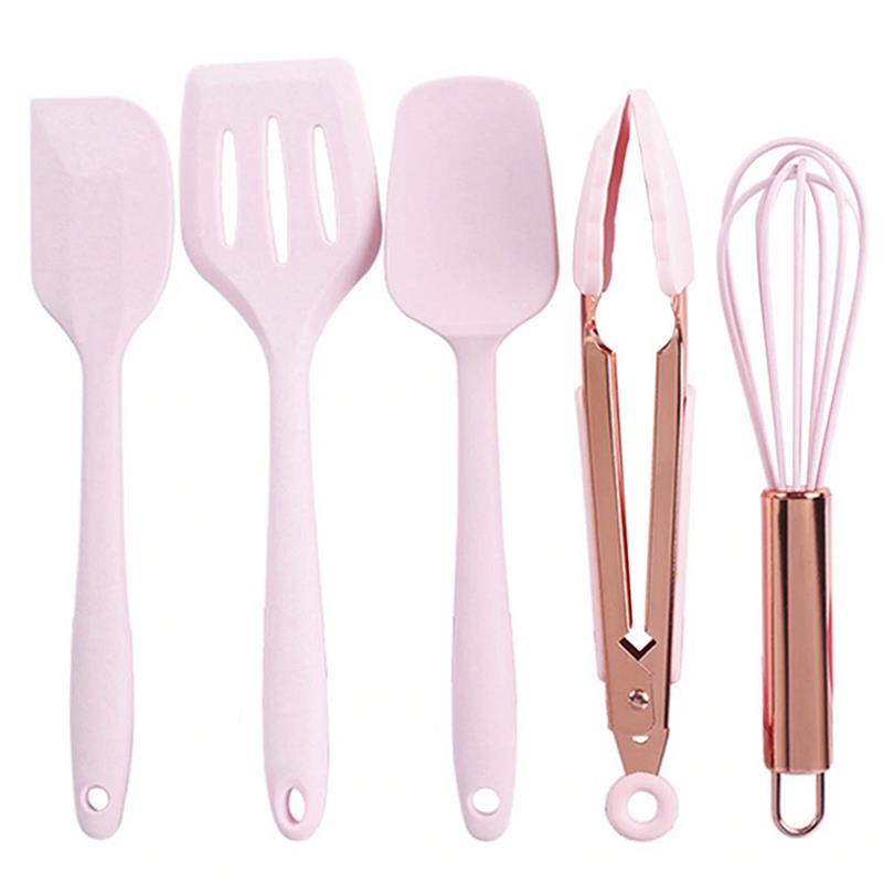 Pink Color Silicone Cooking Utensils Set Universal Egg Whisk Food Tongs Non-Stick Spatula Shovel Kitchenware 5PCS Kitchen Tools