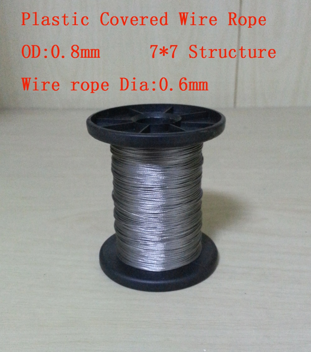 0.8mm/0.6mm met plastic beklede, gecoate, structuur :7*7, ss304 hangende kleding visdraad touw ongeveer 100 meter