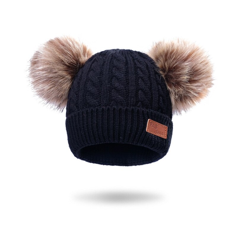 Pompom Fur Baby Knitted Beanie Hats Solid Color Baby Bonnet Hat Child Winter Boy Girl Thicken Warm Cap: black