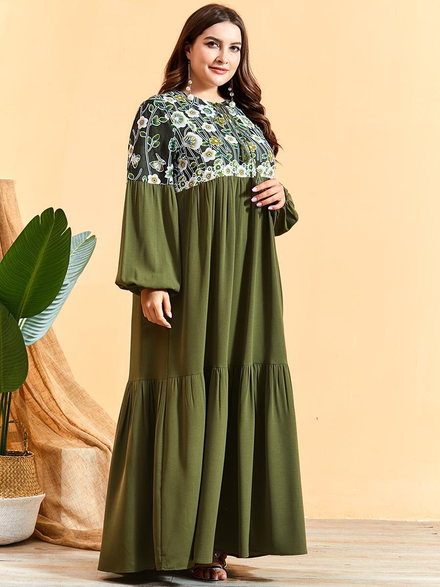 Herfst Winter Jurk Vrouwen Lange Mouw Borduurwerk Bloemen Elegante Jurk Maxi Lange Moslim Jurken Plus Size Islamitische Kleding