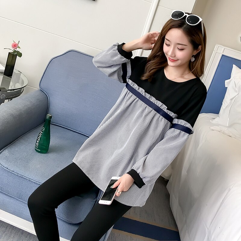 Graviditetsbluser patchwork stribet løst tøj til gravide tøj efterår graviditet skjorter toppe t-shirt