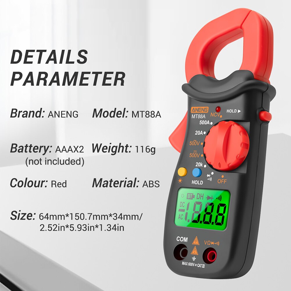 Stroom- en spanningsmeter op batterijen, draagbare ncv-test en meetinstrument, digitale stroomtang, hd-groen display, 1999 counts, achtergrondverlichting