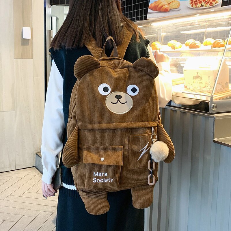 Japansk corduroy bear ryggsekker for søte kvinner flerlommer skolesekker stor kapasitet ryggsekk teenger jenter skolesekk kvinne: Brun / Ikke noe tilbehør