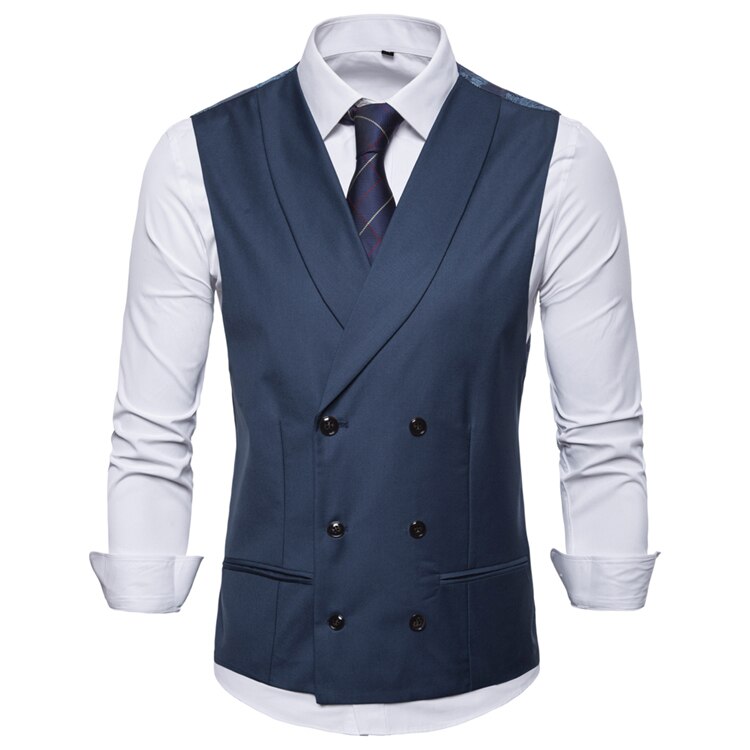 Waistcoat Men Men's Casual Sleeveless Suit Vest British Style Double-breasted Vests: Blue / XXL