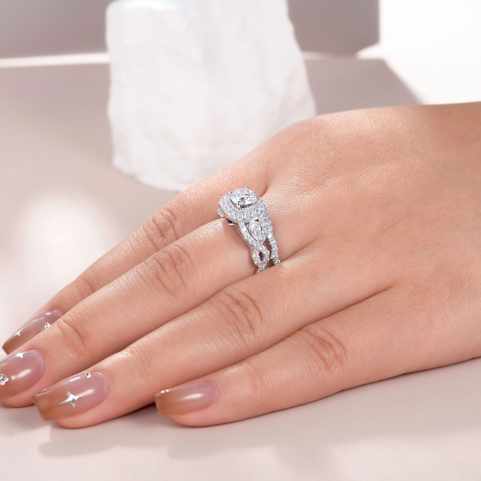 Newshe 2 sztuk pierścionek zaręczynowy ślub zestaw pierścieni dla kobiet 925 Sterling Silver 2.4Ct okrągły gruszka biały Cz rozmiar 4-13