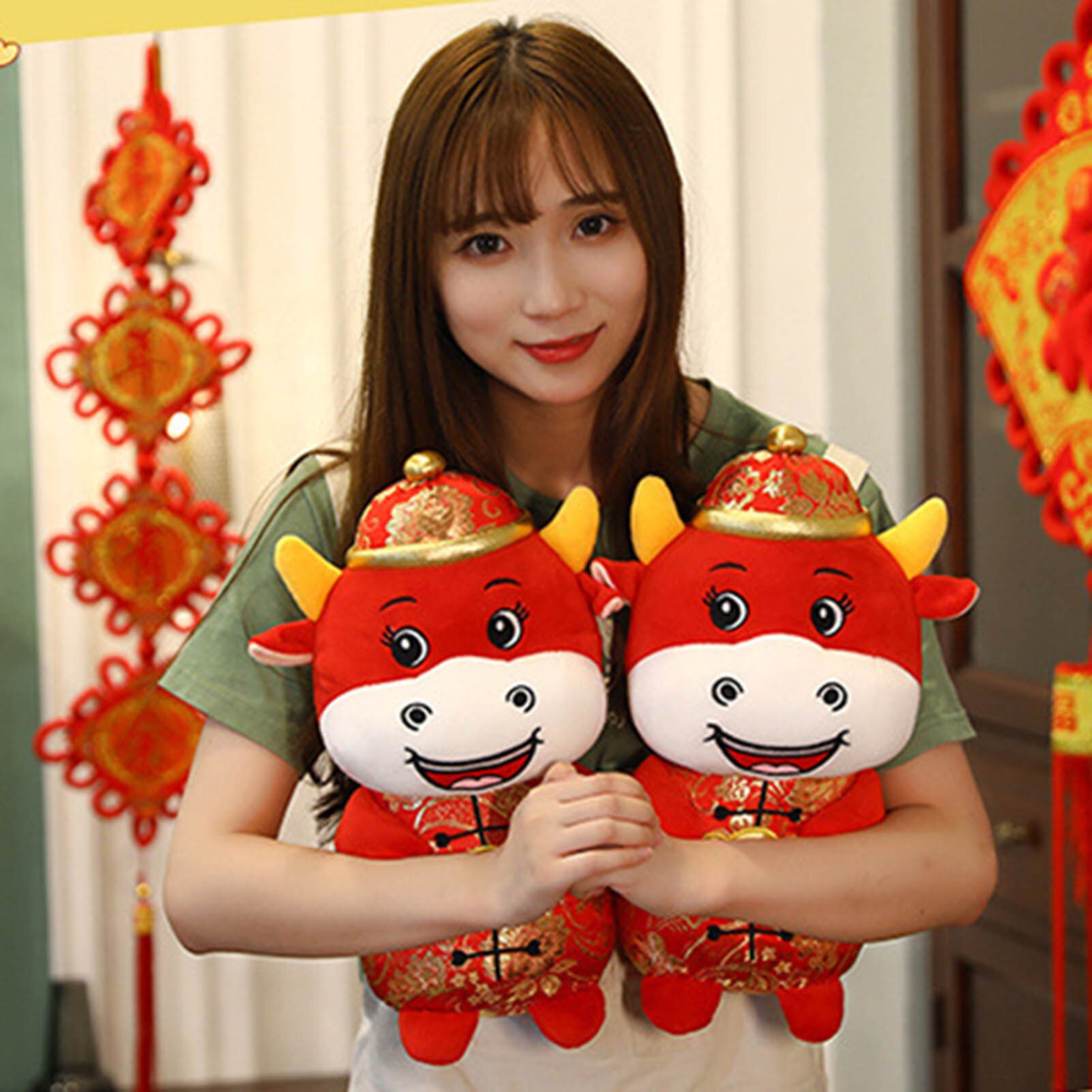 Chinese Year Cute Dress Mascot Plush Red Cow in Tang Suit Soft Toy