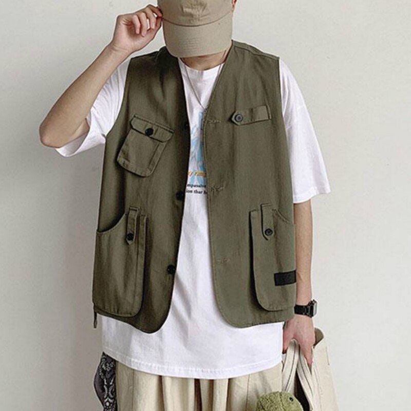Kamizelki męskie kieszenie płaszcze bez rękawów kamizelki wypoczynek szyk codzienne znosić mężczyzna styl safari dla obu płci pary BF nastolatki Harajuku kamizelka
