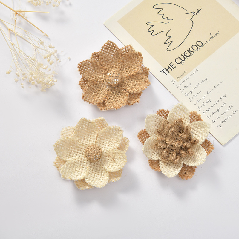 Mezcla de 10 Uds. De flores de arpillera de yute Vintage, flores rosas de arpillera hechas a mano para manualidades florales DIY, decoración para de boda y Navidad