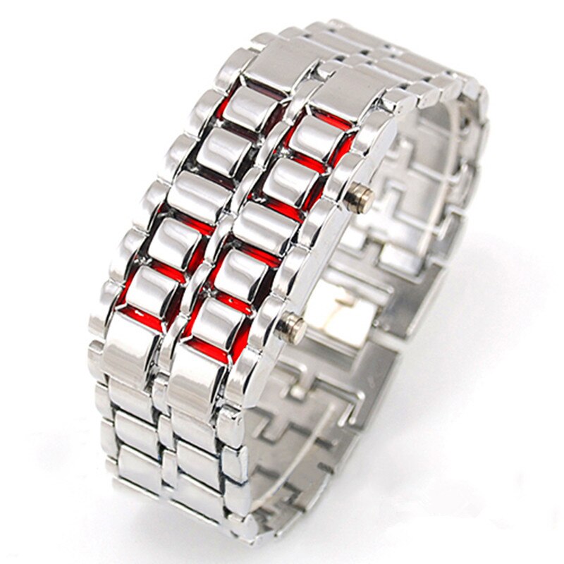 Reloj con plancha de Lava Samurai para hombre, reloj de acero inoxidable de lujo con correa LED, reloj electrónico deportivo para hombre, reloj Digital Led para hombre: silver red
