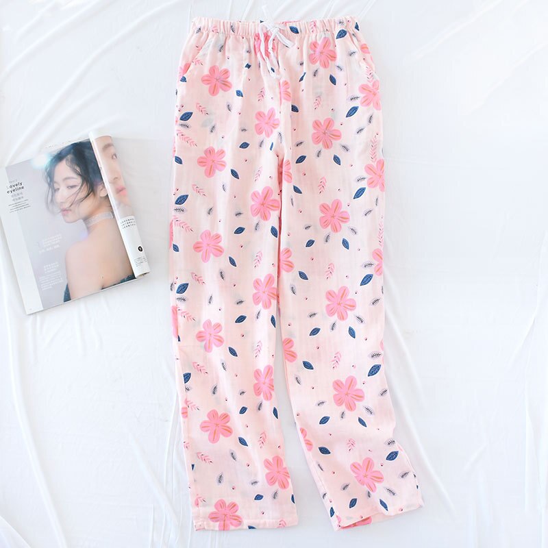 100% de algodón de gasa para mujer, Pantalón de pijama fino, informal, para dormir, tejido Floral de talla grande, para el hogar: Rosa / L