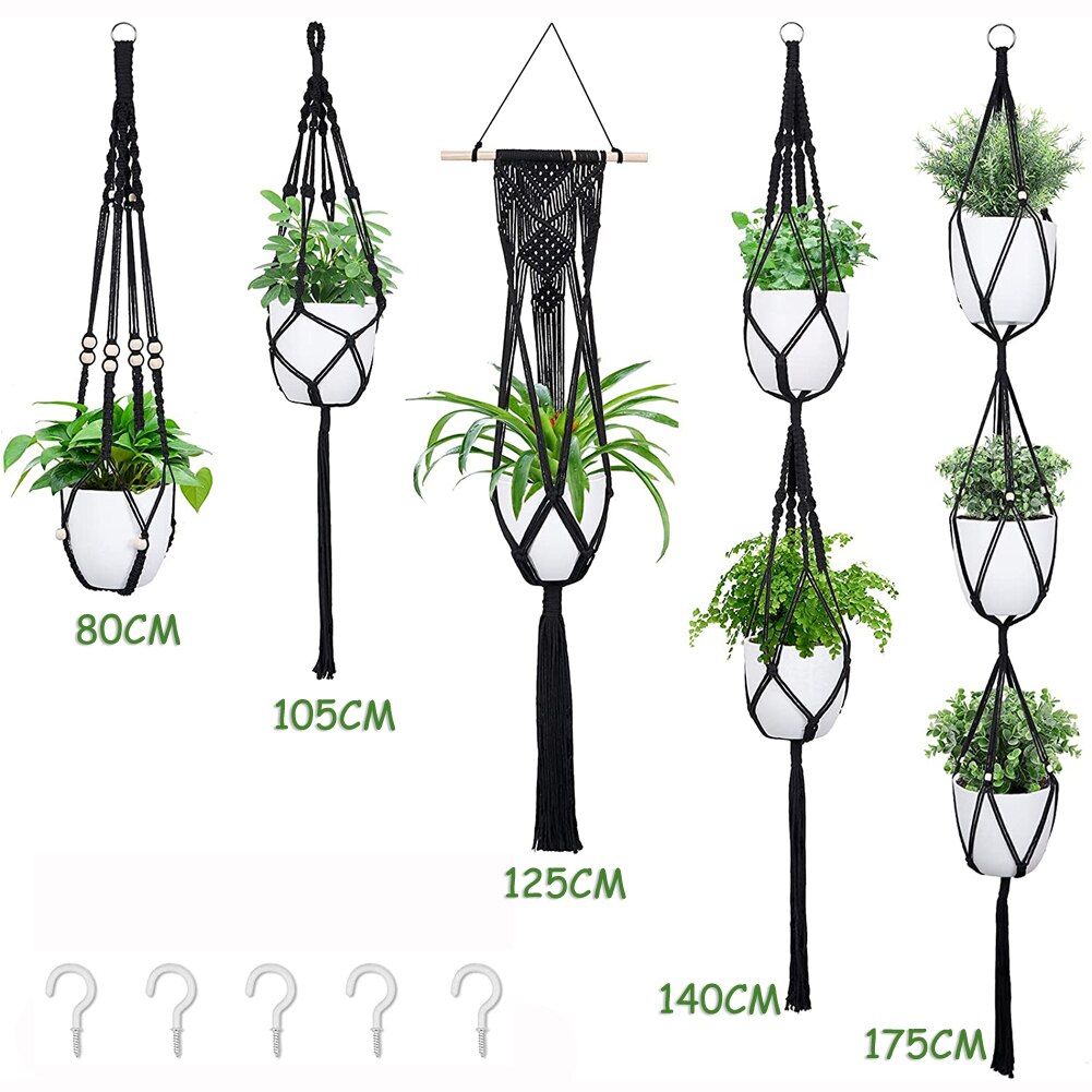 5 Style Black Macrame Plant Hanger Indoor Outdoor Hanging Planters Handmade Hanging Plant Holder Basket Stand Decorative Flower