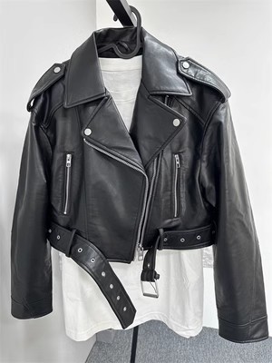 ZVRI 2024 Chaqueta corta Vintage holgada de piel sintética con cinturón para mujer, ropa de calle con cremallera para mujer, abrigo Retro para motociclista, prendas de vestir, Tops: XL / Negro