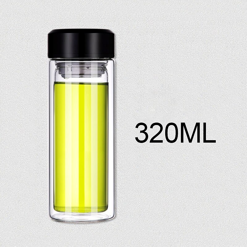 Double-layer Glass Water Bottle Water Bottle Double Layer Glass Heat Resistant Transparent Glass with Infuser Water Bottle: Black